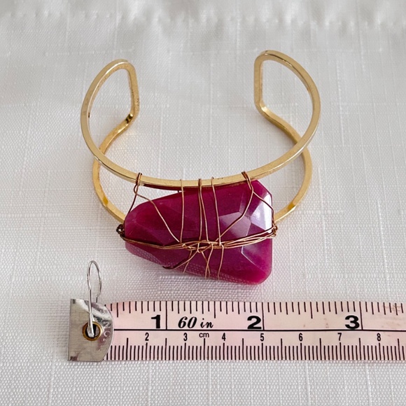 Wire Wrapped Pink Agate Stone Cuff Bracelet Gold Tone Bracelet - Picture 9 of 9